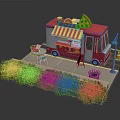 Red Pizza Truck With Striped Awning And Outdoor Dining Tables Near Green Bushes