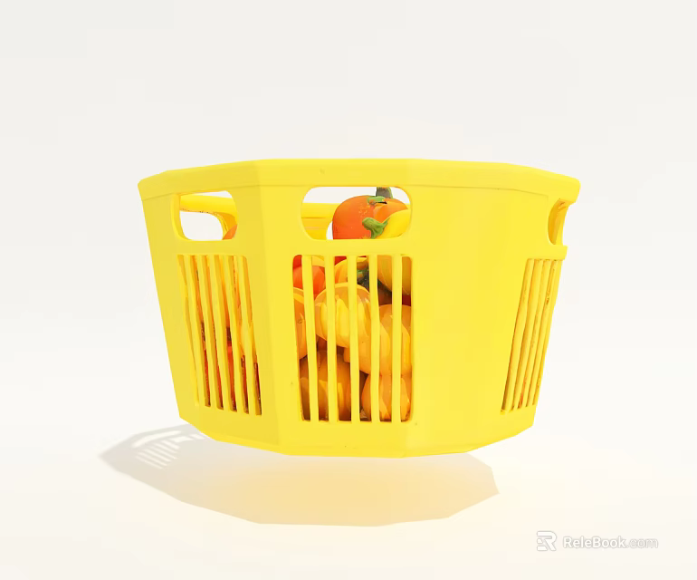 Yellow Plastic Storage Basket with Fresh Fruits and Openwork Handles for Kitchen Organization 3d model 
