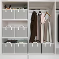 White Storage Baskets With Brown Handles On Closet Shelves For Clothes Organization