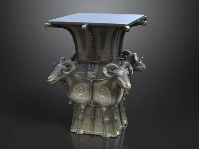 Ancient Chinese Bronze Vessel With Four Sheep Heads And Decorative Patterns 3d model