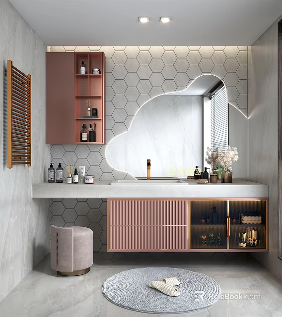 Modern Bathroom Interior With Hexagonal Tile Wall Cloud Shaped Mirror Pink Cabinets And Vanity Top 3d model