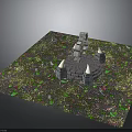 Stone Circular Platform With Spire Towers And Small Stones In Colorful Textured Vegetation Scene