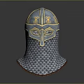 Medieval Metal Helmet With Decorative Golden Details And Chainmail Protective Gear