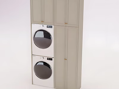 Stacked Washing Machine And Dryer With Modern Cabinet Storage In Laundry Room Design 3d model