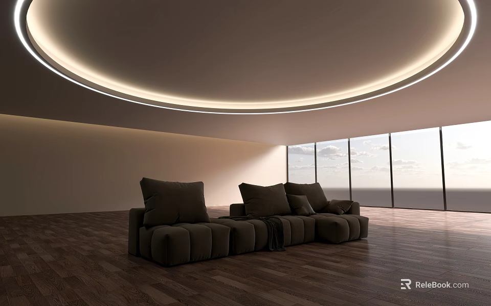 Modern Dark Brown L shaped Sofa Coffee Table Set With Cushions Wooden Floor And Large Windows 3d model 