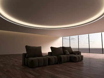 Modern Dark Brown L shaped Sofa Coffee Table Set With Cushions Wooden Floor And Large Windows 3d model