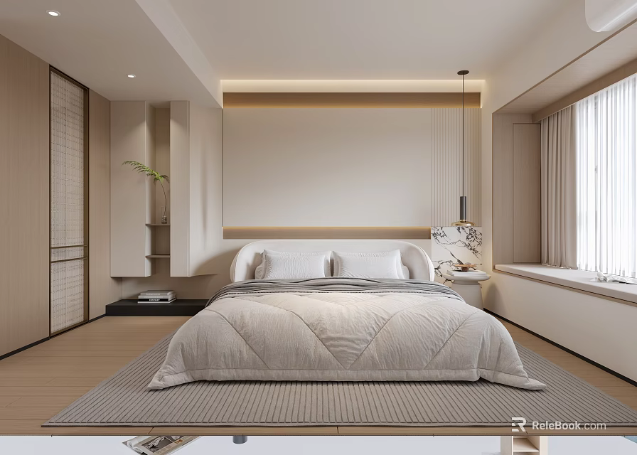 Modern Minimalist Bedroom Interior With Platform Bed Window Curtains And Wooden Floor 3d model 