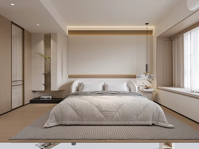 Modern Minimalist Bedroom Interior With Platform Bed Window Curtains And Wooden Floor 3d model