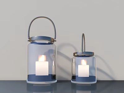 Transparent Glass Candle Lanterns With Metal Handles And Lit Candles On Gray Surface 3d model