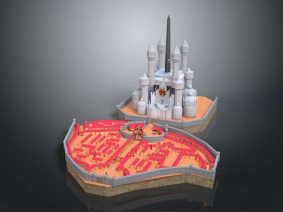 Ancient Castle Detailed Architectural Design With Tall Spire Towers And Red Courtyard Layout 3d model