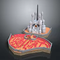 Ancient Castle Detailed Architectural Design With Tall Spire Towers And Red Courtyard Layout