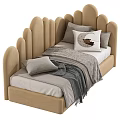 Modern Gray And Beige Single Bed With Scalloped Headboard And Soft Pillows Throw Blanket
