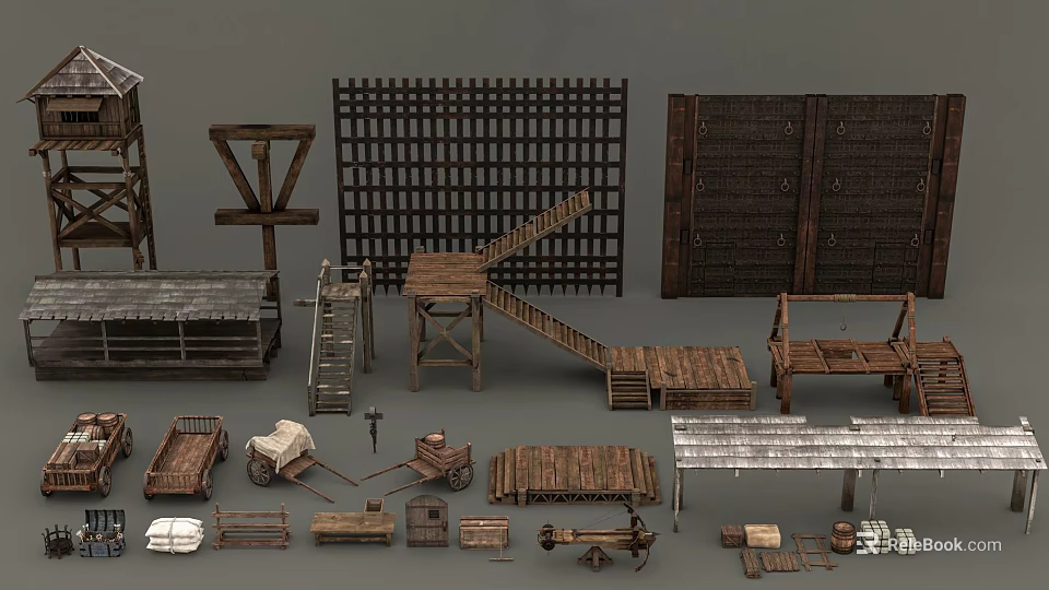 Wooden Scene Components Featuring Fence Panels Ladders Platforms Carts And Crates 3d model 