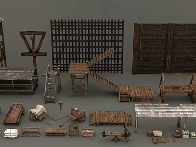 Wooden Scene Components Featuring Fence Panels Ladders Platforms Carts And Crates 3d model