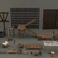 Wooden Scene Components Featuring Fence Panels Ladders Platforms Carts And Crates