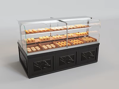 Modern Curved Glass Bakery Display Cabinet With Lower Storage For Displaying Fresh Bread And Pastries 3d model