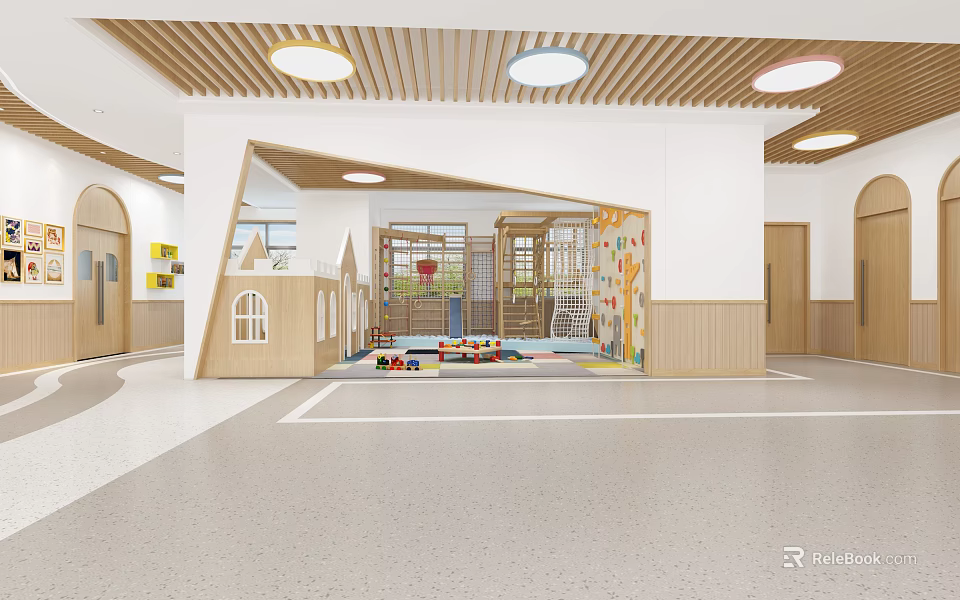 Bright Kindergarten Interior With Play Area Wooden Structures Colorful Toys And Round Ceiling Lights 3d model 
