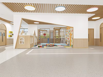 Bright Kindergarten Interior With Play Area Wooden Structures Colorful Toys And Round Ceiling Lights 3d model