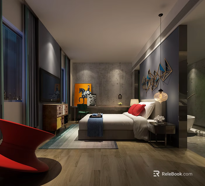 Modern Hotel Guest Room With Comfortable Bed Red Pillows And Decorative Artwork 3d model 