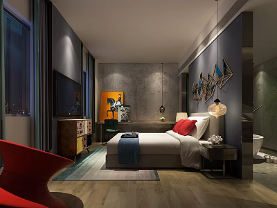 Modern Hotel Guest Room With Comfortable Bed Red Pillows And Decorative Artwork 3d model
