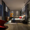 Modern Hotel Guest Room With Comfortable Bed Red Pillows And Decorative Artwork