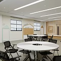 Modern Leisure Area Interior With Open Bookshelves Round Tables And Wooden Chairs