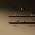 Contemporary Wall Mounted Wine Rack With Metal Frame Wooden Shelves Decorative Bottles And Hanging Glasses