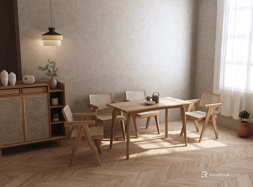 Wooden Dining Table And Chairs In Minimalist Room With Woven Cabinet Hanging Lamp Herringbone Floor 3d model 