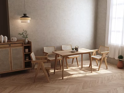 Wooden Dining Table And Chairs In Minimalist Room With Woven Cabinet Hanging Lamp Herringbone Floor 3d model