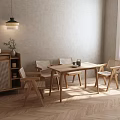 Wooden Dining Table And Chairs In Minimalist Room With Woven Cabinet Hanging Lamp Herringbone Floor
