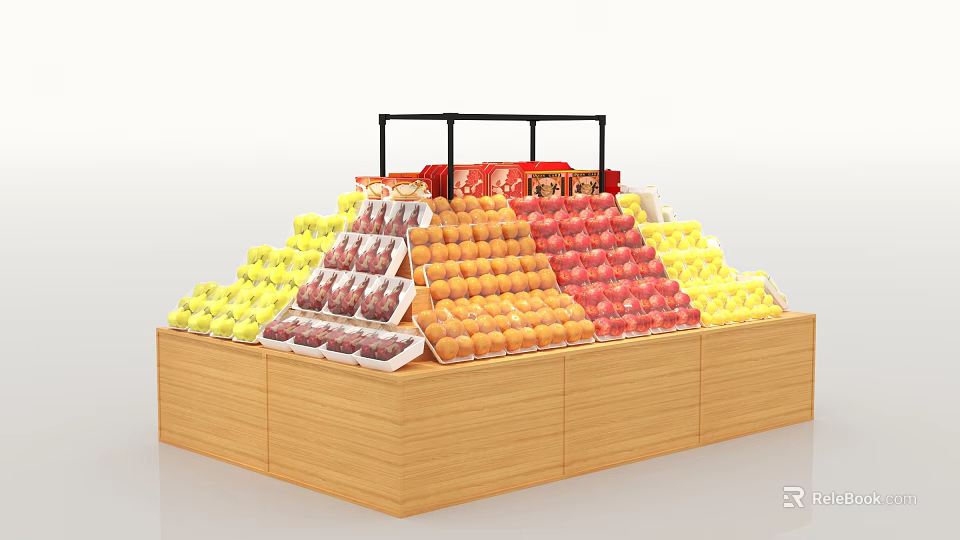 Supermarket Fresh Fruit Display With Wooden Shelf Colorful Yellow Orange Red Fruits And Packaged Boxes 3d model 