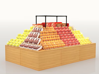Supermarket Fresh Fruit Display With Wooden Shelf Colorful Yellow Orange Red Fruits And Packaged Boxes 3d model