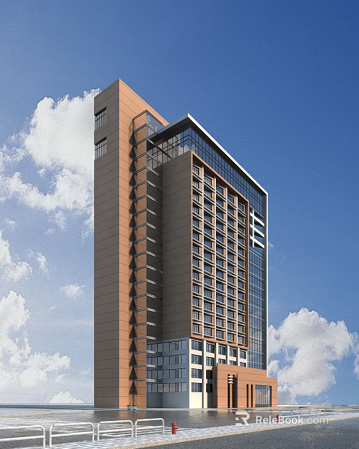 Modern High Rise Office Building With Glass Curtain Wall Under Blue Sky And White Clouds 3d model 