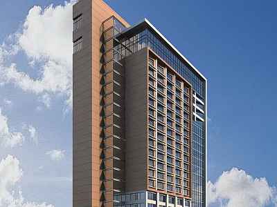 Modern High Rise Office Building With Glass Curtain Wall Under Blue Sky And White Clouds 3d model
