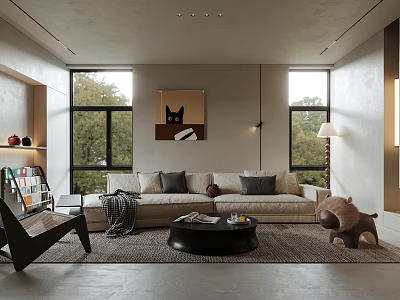 Modern Living Room Interior With Beige Sofa Gray Cushions Black Coffee Table And Cat Painting 3d model