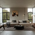 Modern Living Room Interior With Beige Sofa Gray Cushions Black Coffee Table And Cat Painting