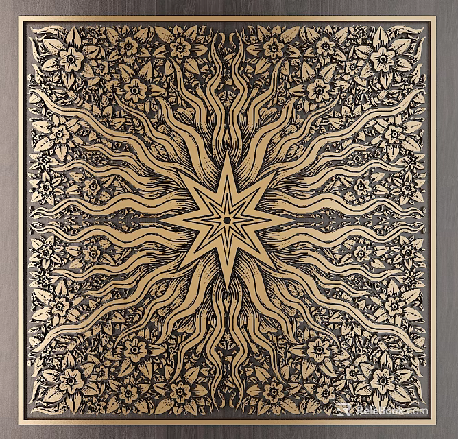 Intricate Ornate Carving Design With Central Star And Floral Curved Patterns 3d model 