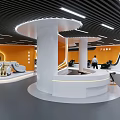 Modern Tech Inspired Exhibition Hall With Orange Walls White Platform Seats And Light Strips