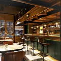 Stylish Bar Interior Design With Wooden Ceiling Pendant Lights Bar Counter And Tables