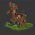 Cartoon Scene With Windmill Small Red Roof House Black Cat Pumpkins And Green Grass