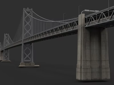 Urban Architecture Featuring Suspension Bridge With Steel Cables And Concrete Piers 3d model