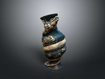 Stunning Decorative Black And Gold Vase With Intricate Dragon Design 3d model
