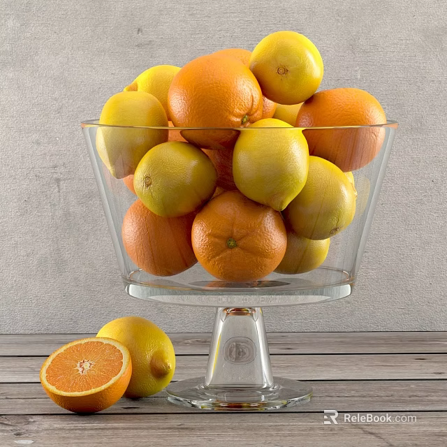 Fresh Oranges and Lemons in Glass Bowl on Pedestal with Sliced Orange and Wooden Table 3d model 