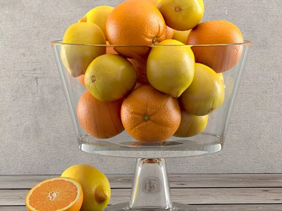 Fresh Oranges and Lemons in Glass Bowl on Pedestal with Sliced Orange and Wooden Table 3d model