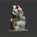 Lucky Cat Ornament Decoration With White Body Red Ears Green Collar And Longevity Character Charm