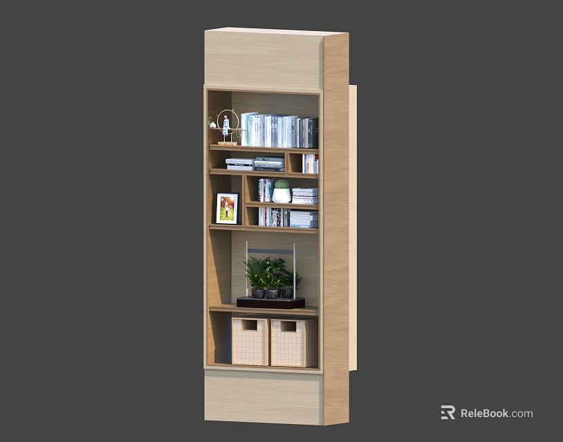 Modern Wooden Bookcase With Multiple Shelves Books Photo Frame Potted Plant And Storage Baskets 3d model 