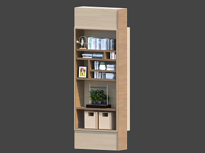 Modern Wooden Bookcase With Multiple Shelves Books Photo Frame Potted Plant And Storage Baskets 3d model