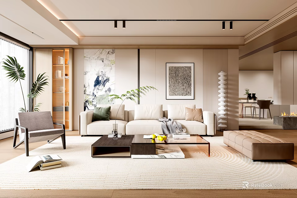 Modern Living Room Interior With Sofa Coffee Table Artwork And Plants 3d model 