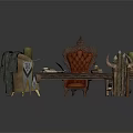 Decorative Building Interior With Wooden Table Ornate Chair Cushions Horns And Papers