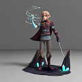 Game and Movie Character With Cloak Casting Magic And Holding Sword On Blue Glowing Base